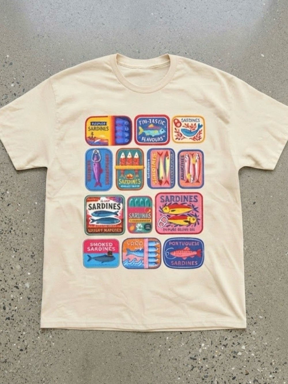 Canned Sardines Tin Label Graphic Cream Cotton Gildan T-Shirt